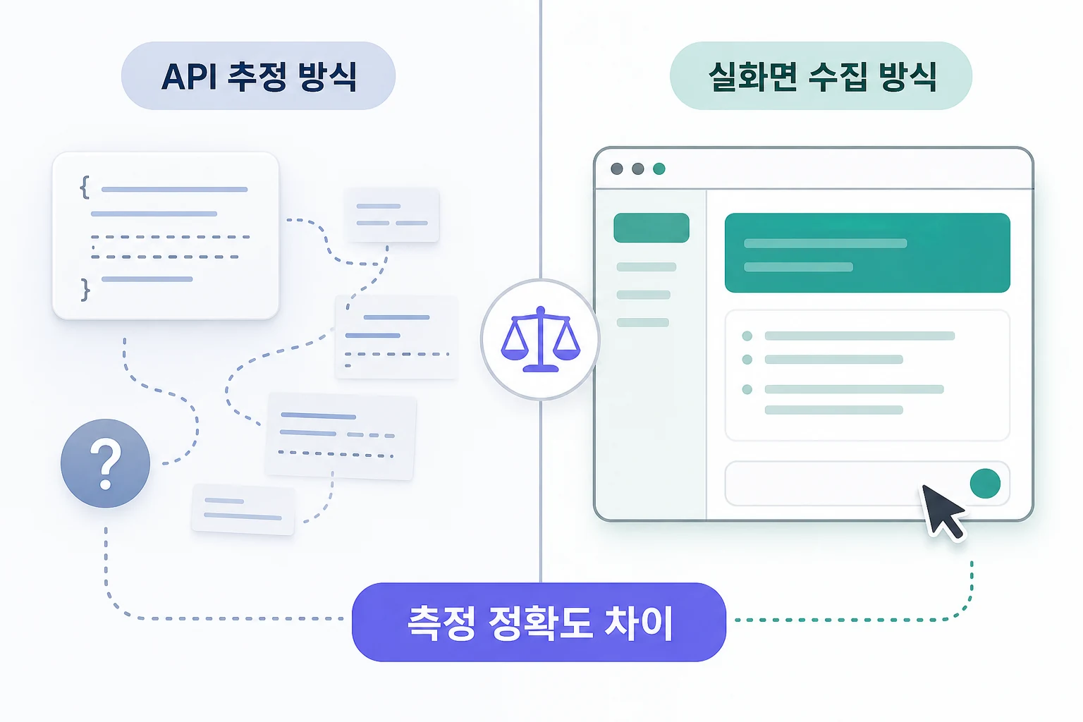 GEO 솔루션 두 가지 유형 비교: API 텍스트 추정 방식과 실화면 직접 수집 방식의 측정 정확도 차이를 나타낸 다이어그램