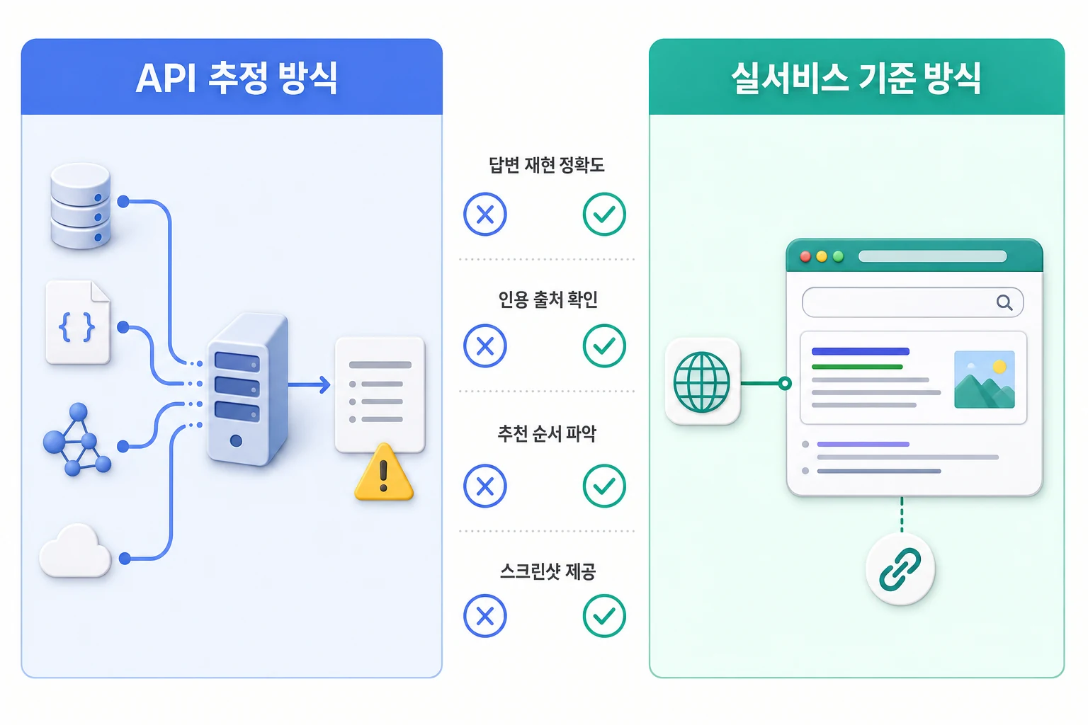 AI 검색 노출 추적 서비스 데이터 수집 방식 비교: API 추정 vs 실서비스 기준 API 추정 방식과 실서비스 기준 방식의 데이터 수집 차이를 비교한 다이어그램 — 답변 재현 정확도, 인용 출처 확인, 추천 순서 파악, 스크린샷 제공 항목별 비교