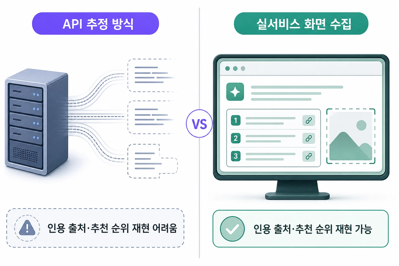 AI 브랜드 모니터링 수집 방식 비교: API 추정 vs 실서비스 화면 직접 접속 API 추정 방식과 실서비스 화면 수집 방식의 데이터 신뢰도 차이를 보여주는 비교 다이어그램