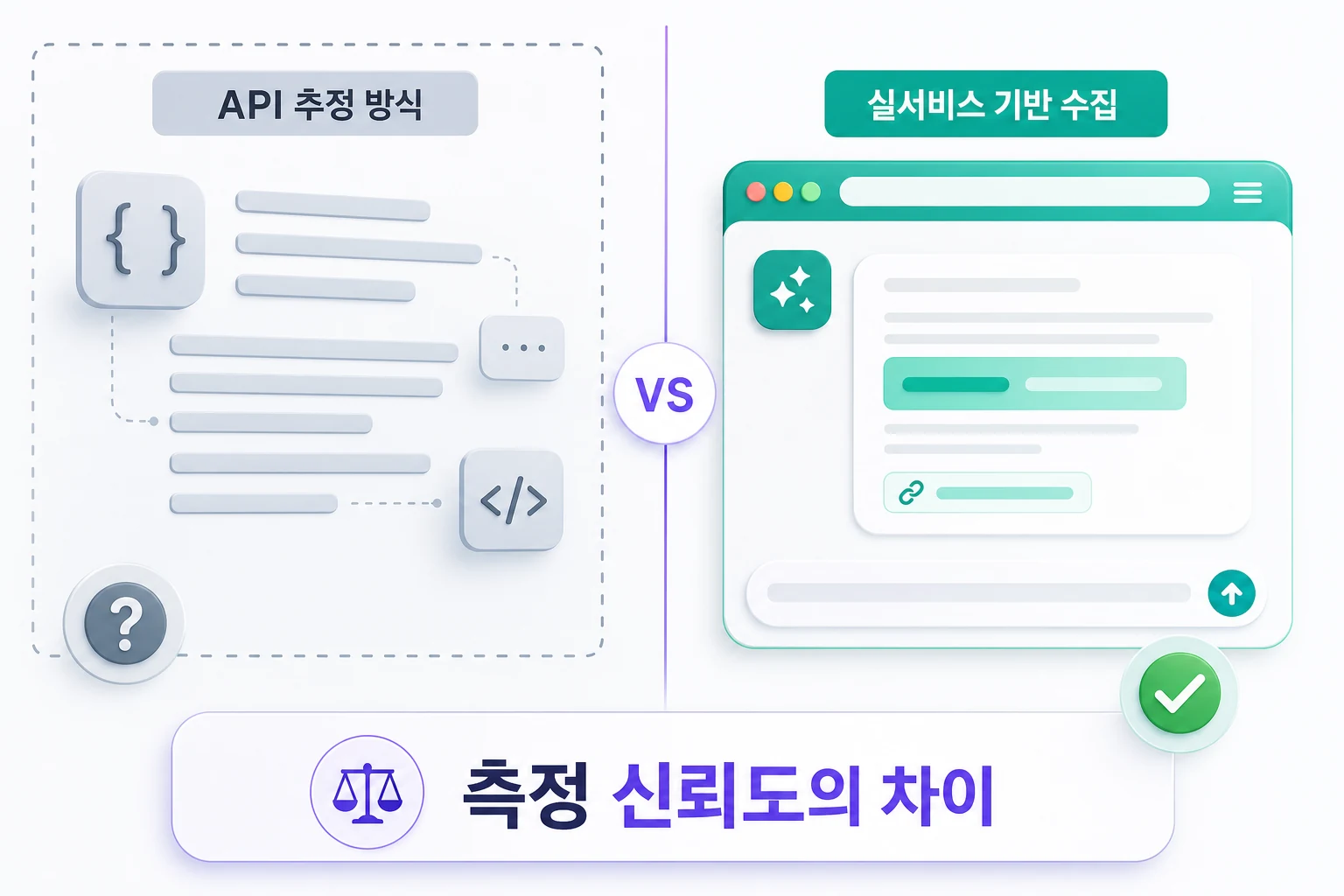 GEO 솔루션 두 가지 유형 비교: API 추정 방식과 실서비스 기반 수집 방식의 데이터 수집 구조 차이를 나타낸 다이어그램