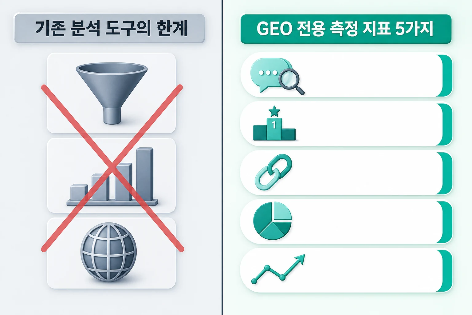 기존 분석 도구의 한계와 GEO 전용 측정 지표 5가지를 비교한 이미지