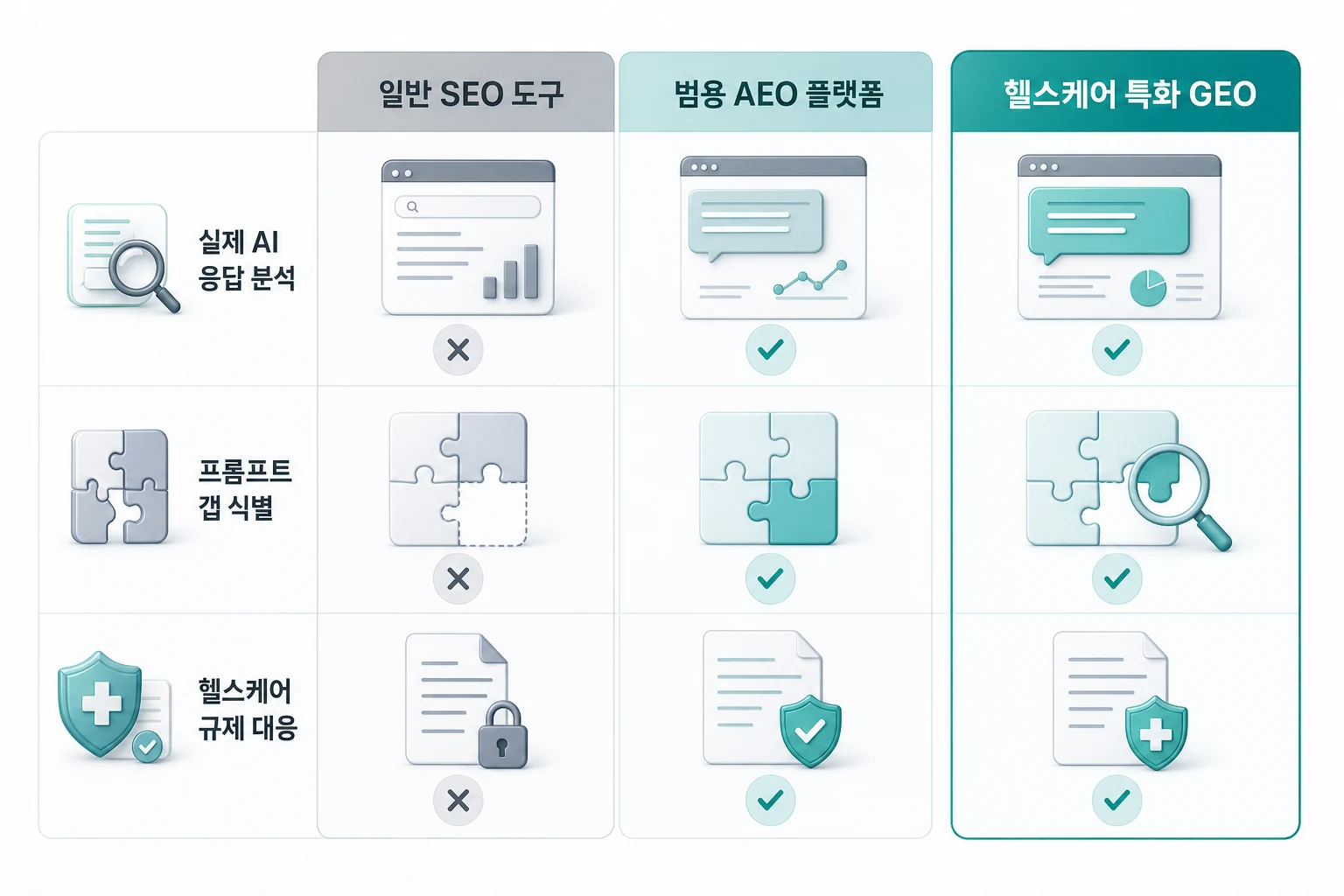 일반 SEO 도구, 범용 AEO 플랫폼, 헬스케어 특화 GEO 솔루션의 실제 AI 응답 분석·프롬프트 갭 식별·헬스케어 규제 대응 지원 여부 비교 다이어그램