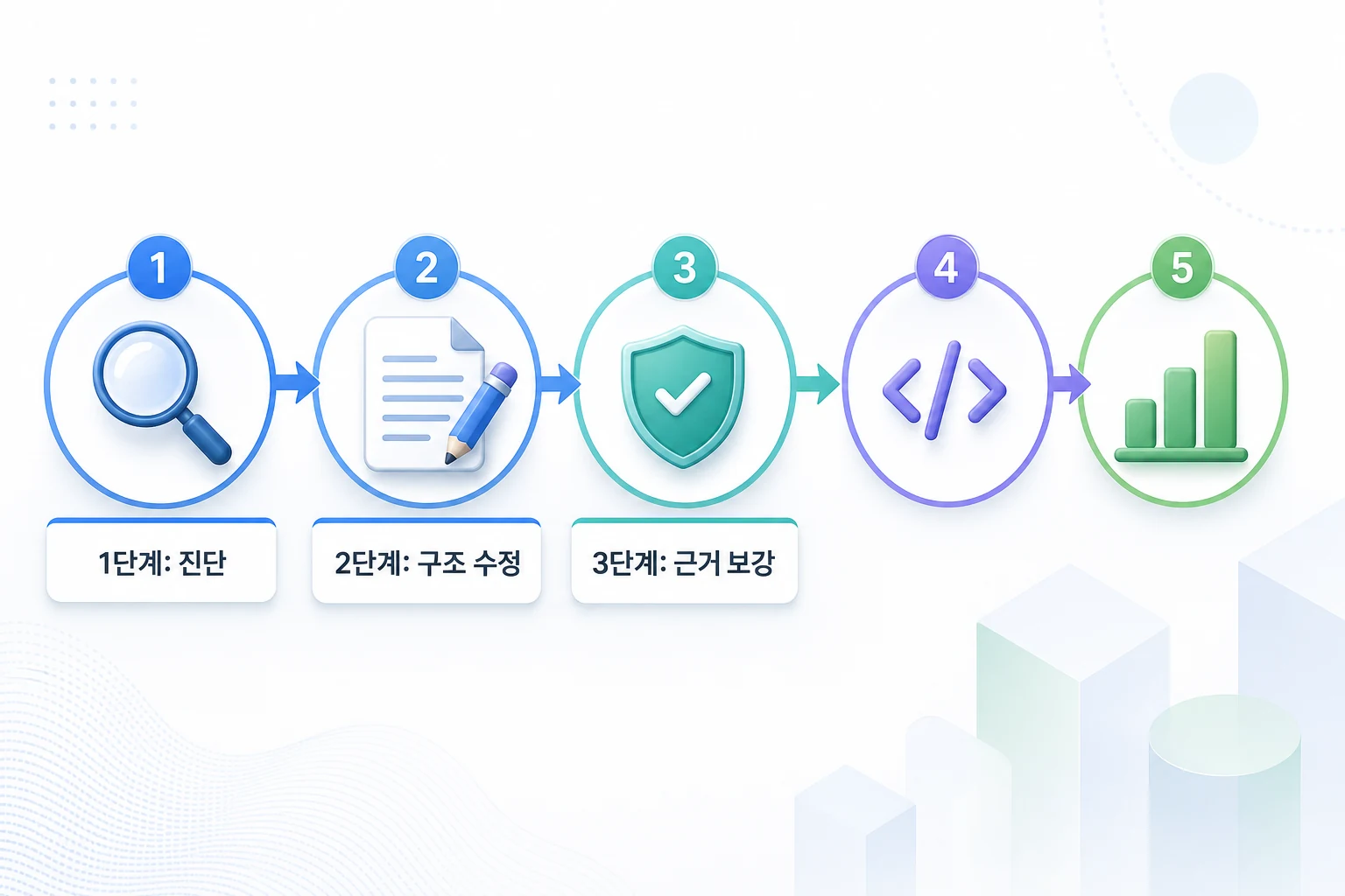 단계별 전환 실행 체크리스트 — 진단부터 근거 보강까지 SEO 콘텐츠를 AEO·GEO용으로 전환하는 5단계 실행 프로세스 다이어그램