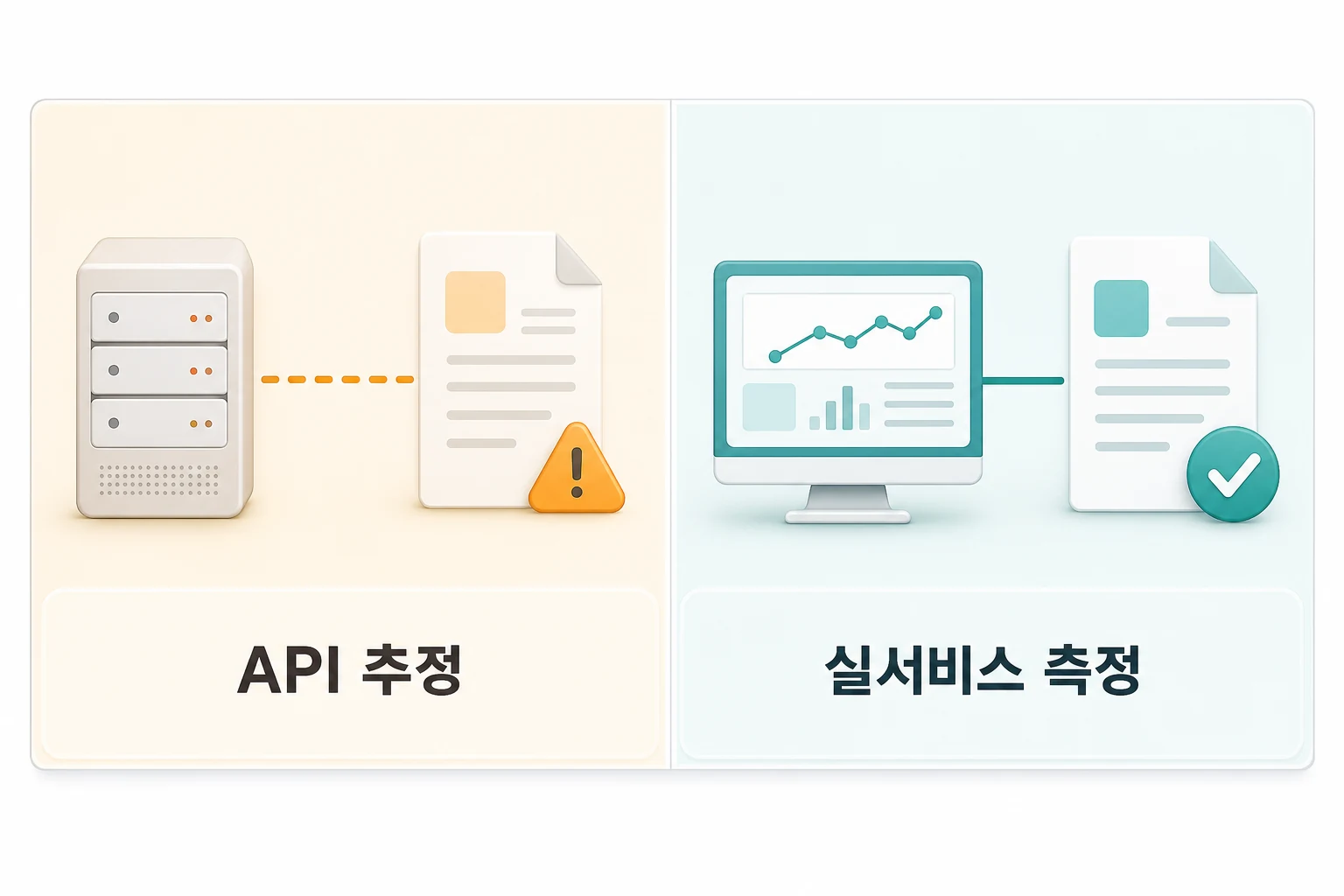 API 추정 방식과 실서비스 직접 측정 방식의 GEO 리포트 품질 차이를 비교한 다이어그램