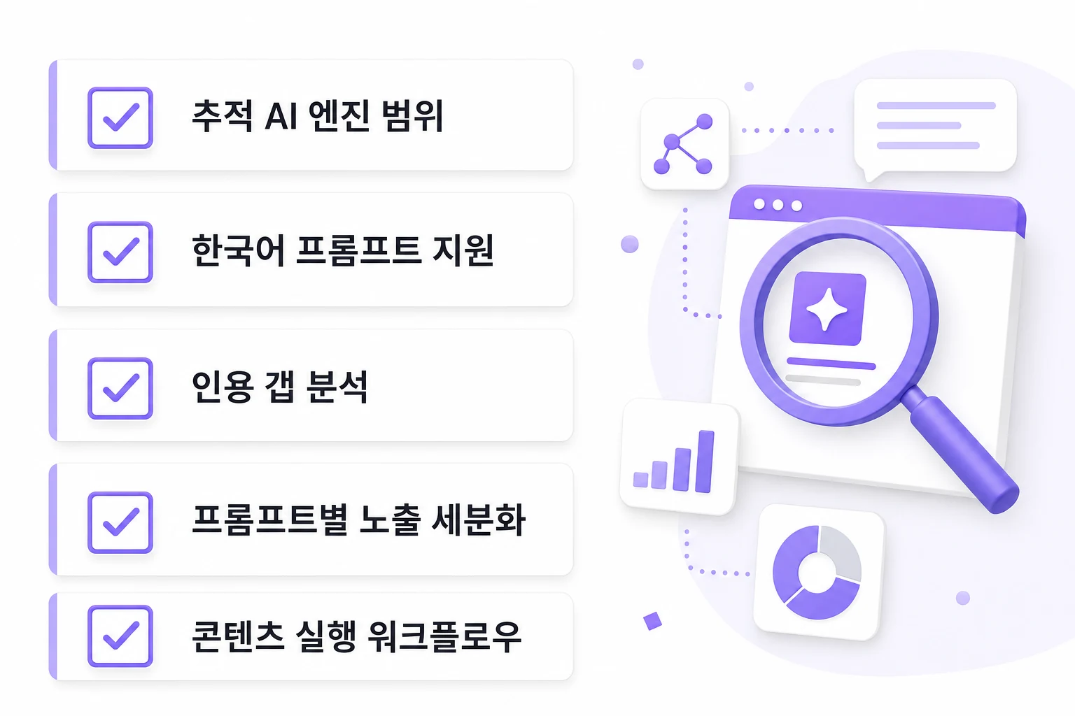스타트업 GEO 플랫폼 선택 시 확인해야 할 5가지 기준 체크리스트: 추적 AI 엔진 범위, 한국어 프롬프트 지원, 인용 갭 분석, 프롬프트별 노출 세분화, 콘텐츠 실행 워크플로우